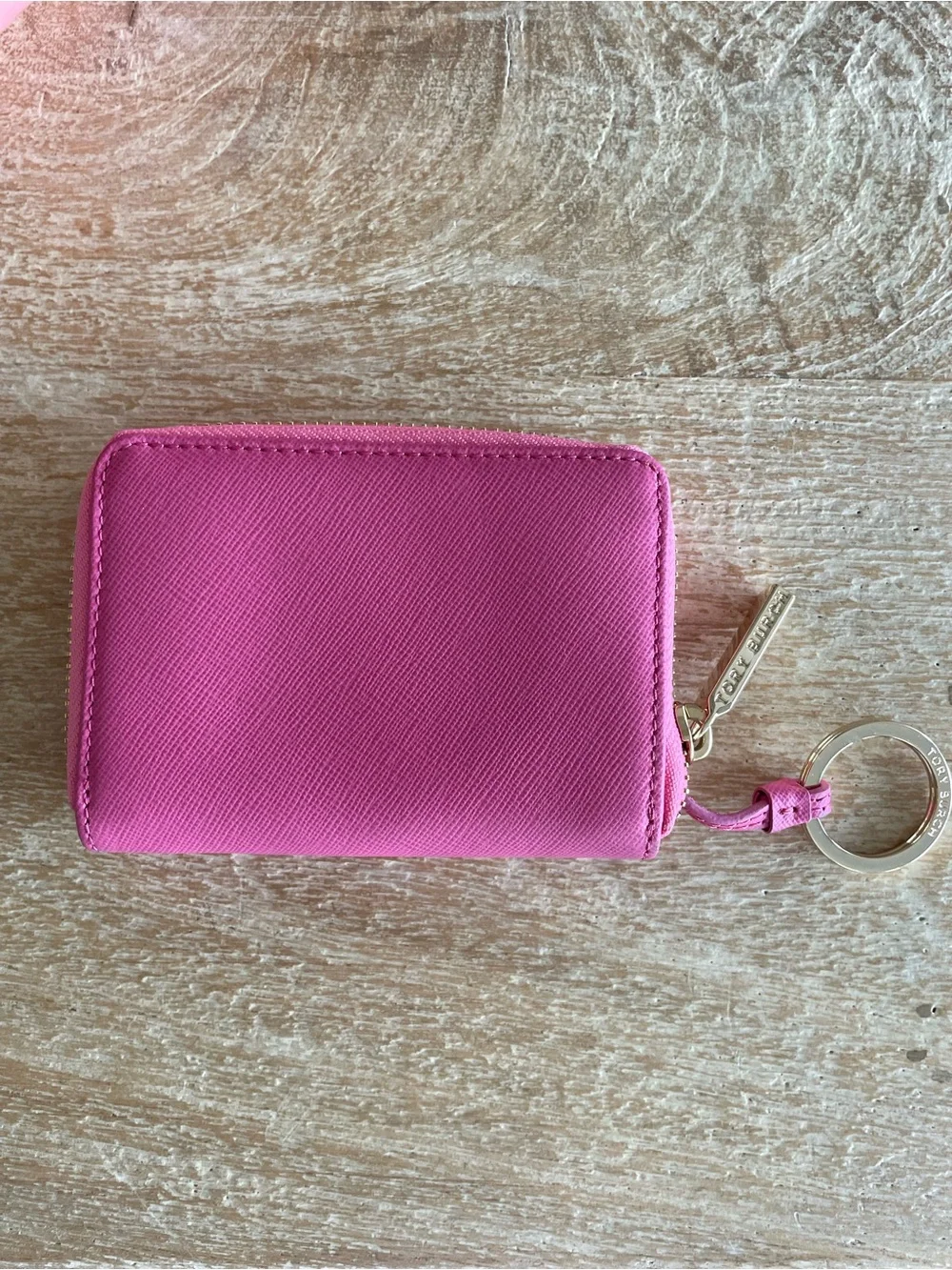 Tory Burch Hot Pink Saffiano Zip Card Case with Keyring